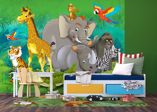 Sanders & Sanders fotobehang jungle dieren groen, grijs en geel - 375 x 270 cm - 600535
