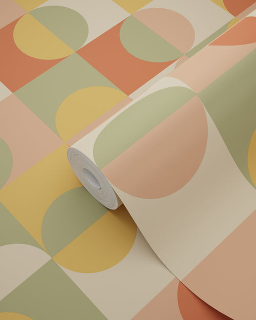 ESTAhome behang cirkels in Bauhaus stijl terracotta, geel, groen en beige - 50 x 900 cm - 130941