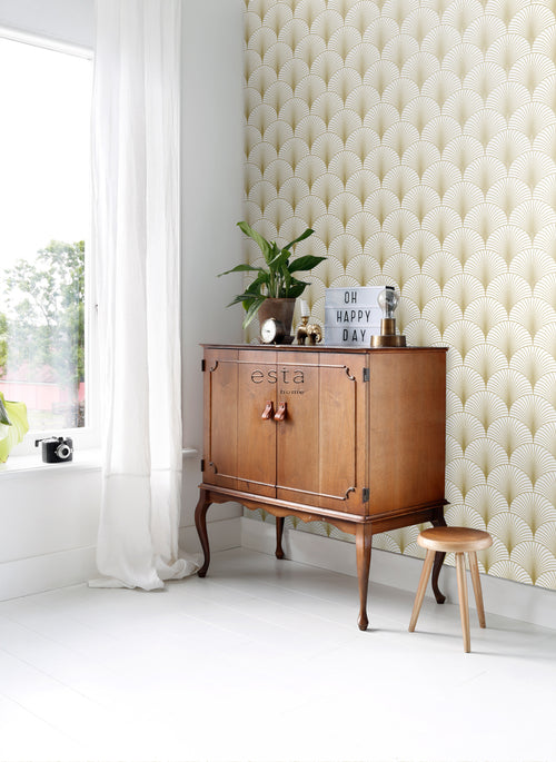 ESTAhome behang art deco motief wit en goud - 53 cm x 10.05 m - 139456