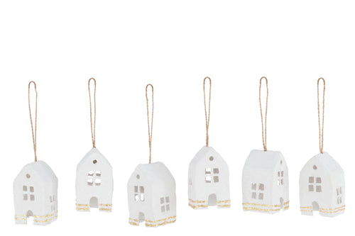 J-Line kersthanger Huis - katoen maché - wit/goud - doos van 6