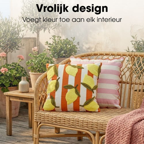 Mica Decorations Citroen Sierkussen - Kussen met Kussenhoes - Woondecoratie Woonkamer - 45 x 45 x 10 cm - Katoen, Polyester - Off-white, Oranje, Geel,