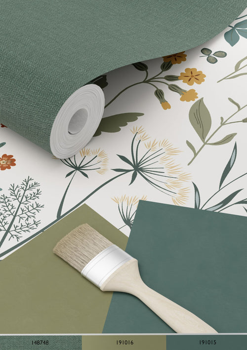 ESTAhome behang veldbloemen okergeel, vergrijsd groen en vintage blauw - 53 cm x 10.05 m - 139391