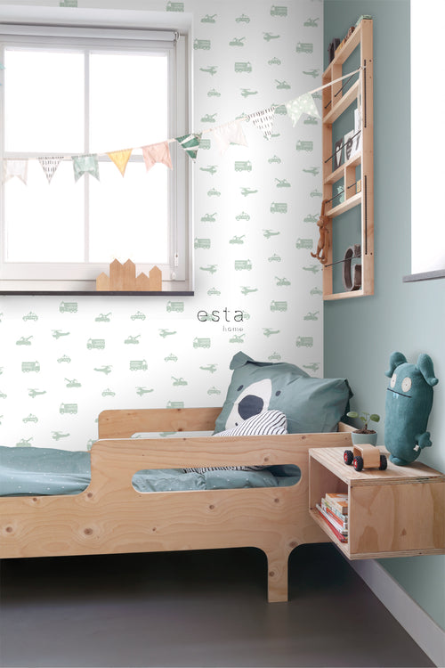 ESTAhome behang auto's, brandweerauto's, helikopters en kranen groen 53 cm x 10.05 m 128856