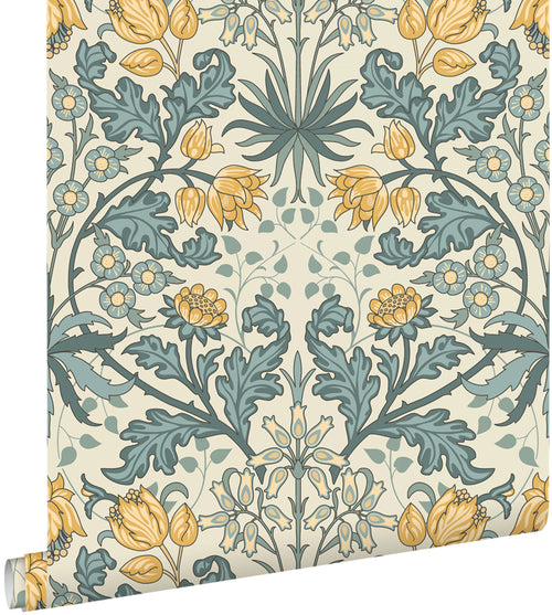 ESTAhome behang vintage bloemen in art nouveau stijl blauw en geel - 50 x 900 cm - 131181 - vtwonen shop