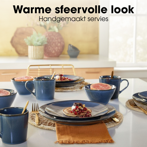 Mica Decorations Racco Serviesset 4 Persoons - Ontbijtborden, Kommen en Mokken en Dinrborden - Steengoed Servies - Vaatwasserbestendige Servies Set -