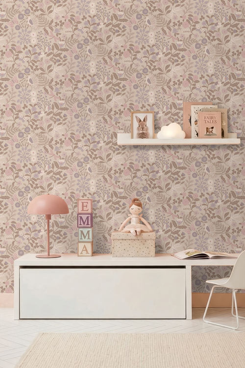 ESTAhome behang bloemen en vogels taupe en lila paars - 50 x 900 cm - 132231