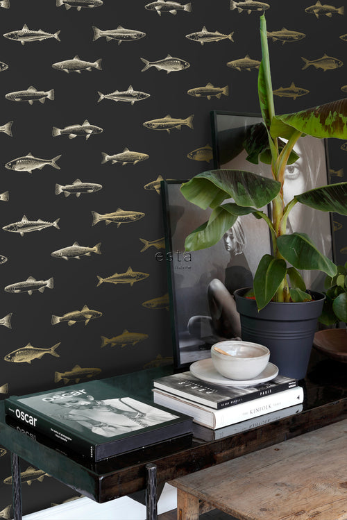 ESTAhome behang pentekening vissen zwart en goud - 53 cm x 10.05 m - 139124