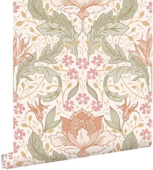 ESTAhome behang vintage bloemen in art nouveau stijl beige, roze en groen - 50 x 900 cm - 131078 - vtwonen shop
