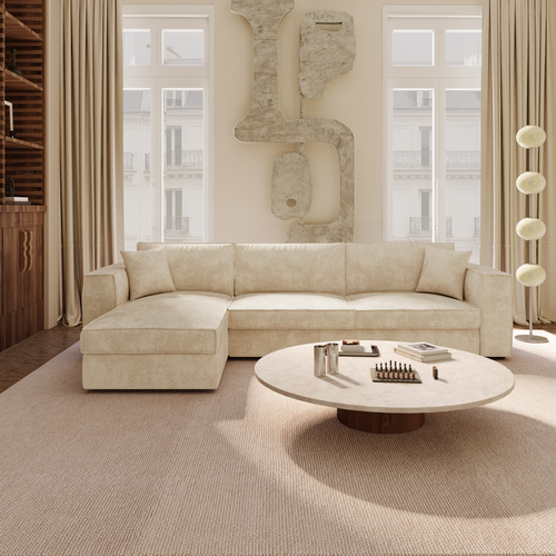 Premium Interiors - Hoekbank (links) MIKA - zacht aanvoelende geweven stof beige 292cm