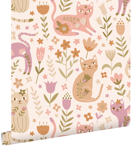 ESTAhome behang katjes paars, roze en beige - 50 x 900 cm - 132179