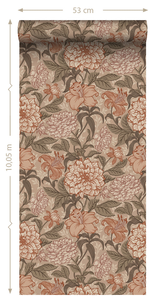 ESTAhome behang vintage bloemen oudroze, vergrijsd groen en terracotta roze - 53 cm x 10.05 m - 139380 - vtwonen shop