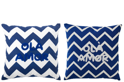 J-Line kussen Ola Amor - katoen - wit/donkerblauw - set van 2