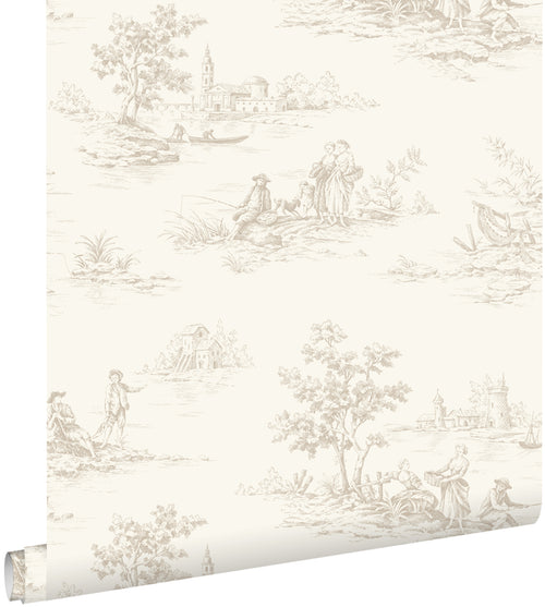 ESTAhome behang toile de jouy print gebroken wit - 50 x 900 cm - 132107