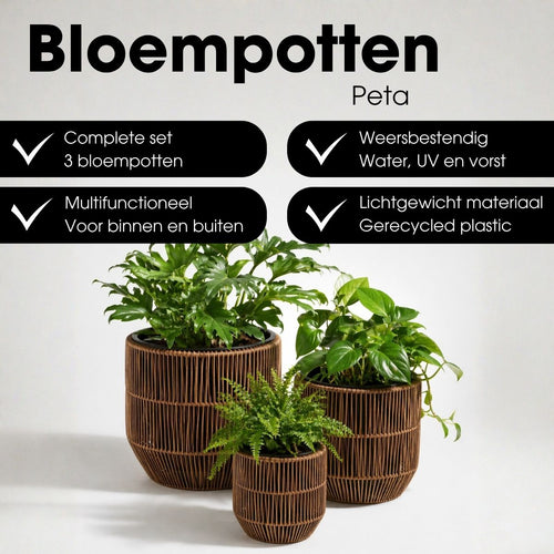 Mica Decorations Peta Bloempot voor Buiten – Set van 3 – Plantenpot voor Bloemen en Buitenplanten – Bloempotten voor Buiten – Donkerbruin