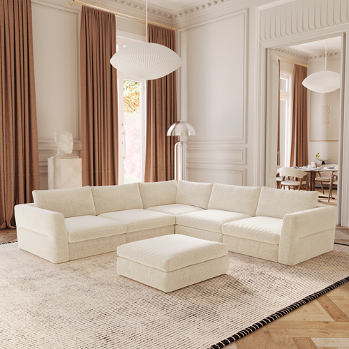 Sia Home - Modulaire panoramische hoekbank links NEST - Zacht aanvoelende geweven stof - Beige - 307cm