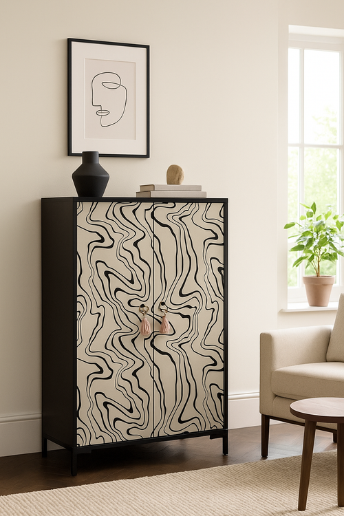 Buffet en MDF met 2 decoratieve deuren, motief golvende zwarte lijnen WALTER