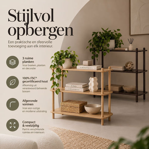Mica Decorations Jeff Wandrek - Boekenplank van 100% FSC-Gecertificeerd Hout met Drie Ruime Planken voor Boeken en Decoratie - Lichtbruin - L80 x B30