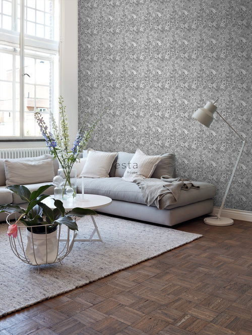 ESTAhome behang bloemtekeningen zwart wit - 53 cm x 10.05 m - 139117