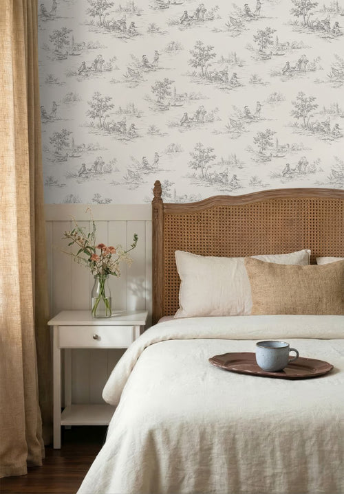 ESTAhome behang toile de jouy print grijs - 50 x 900 cm - 132106