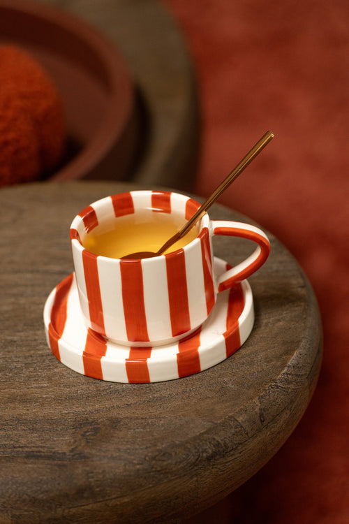 J-Line kopje + schoteltje Gestreept - steengoed - cognac/wit - 4 stuks