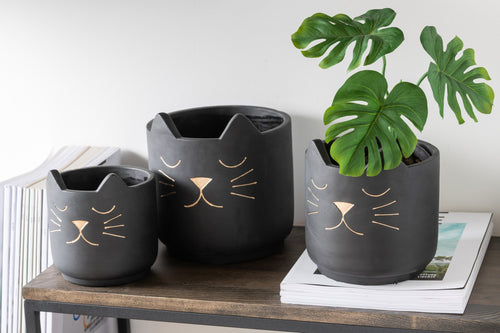 J-Line bloempot Kat - keramiek - zwart/goud - large - Ø 19 cm