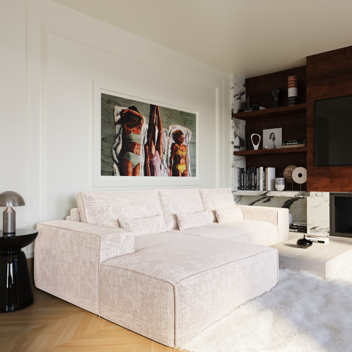Premium Interiors - Linkerhoekbank met snelle uitklapfunctie JUNE - gewaafd fluweel crème 320cm