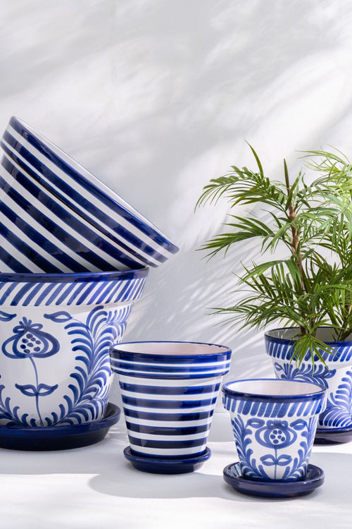 J-Line bloempot Granada Stripes Handmade + Painted - keramiek - blauw - extra large - Ø 50 cm