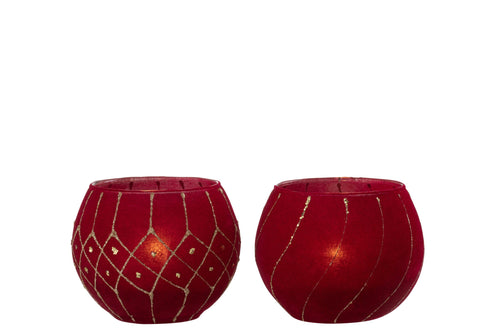 J-Line kaarshouder Lijnen/Geruit - fluweel - rood/goud - 2 stuks