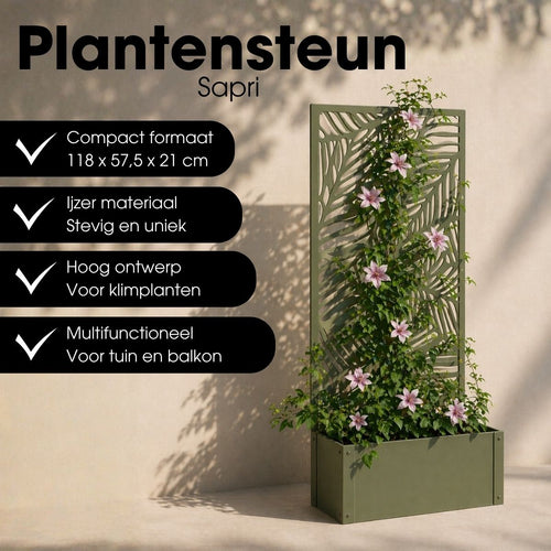 Mica Decorations Sapri Plantensteun - Plantenbak met Klimrek voor Klimplanten - Plantenstandaard Vrijstaand of tegen Muur - 57,5 x 21 x 118 cm - Groen