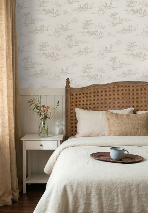 ESTAhome behang toile de jouy print gebroken wit - 50 x 900 cm - 132107