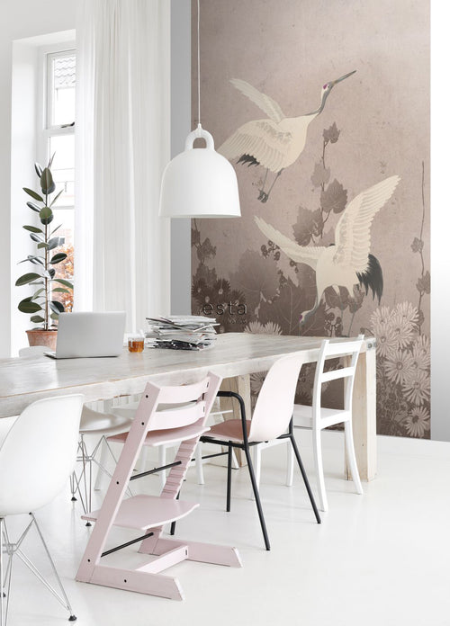 ESTAhome fotobehang kraanvogels grijs roze - 200 x 279 cm - 158946 - vtwonen shop