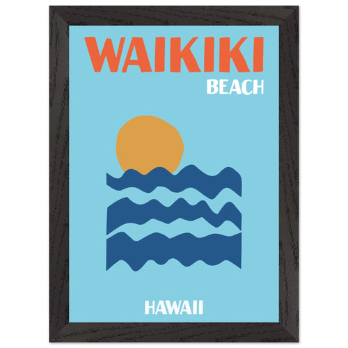 Artfulprints Poster met Lijst Hawaii - Waikiki Beach   - A4 21x29.7 cm - Blauw