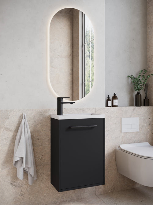 Badplaats Toiletmeubel Florence 40 x 22 cm – Mat Zwart – Fonteinmeubel met Witte Wastafel