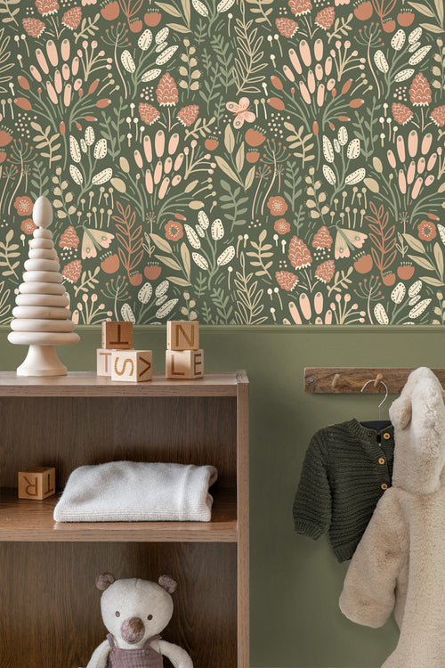 ESTAhome behang bladeren en bloemen groen en terracotta - 50 x 900 cm - 131383 - vtwonen shop