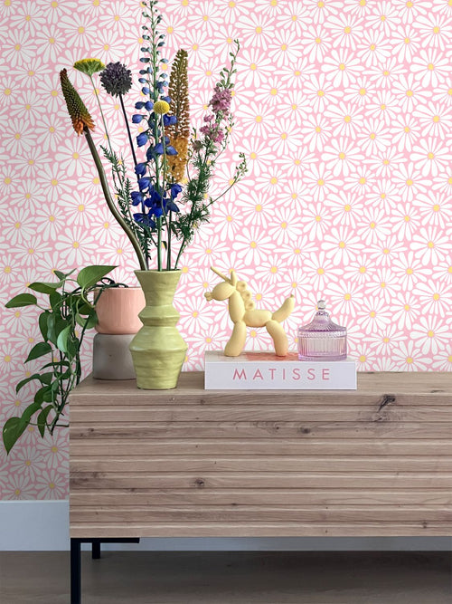 ESTAhome behang madeliefjes licht roze en geel - 50 x 900 cm - 131813