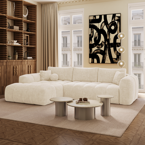 Premium Interiors - Linkshoekbank met slaapfunctie en opbergruimte SKY - kruisbinding  crème 310cm