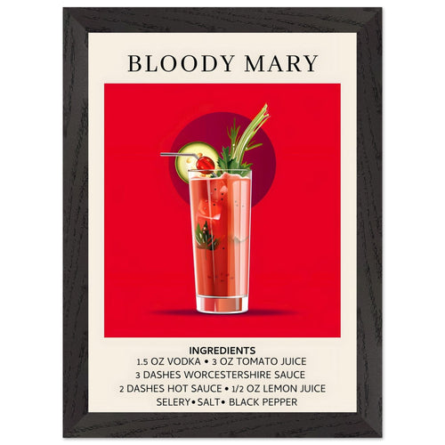 Artfulprints Poster met Lijst Bloody Mary cocktail - Ingrediënten   - A4 21x29.7 cm - Rood