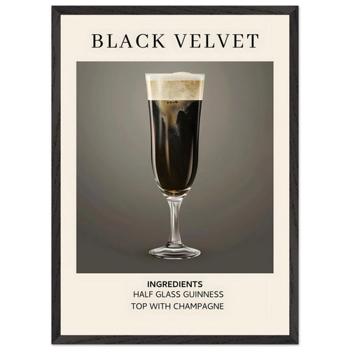 Artfulprints Poster met Lijst Black Velvet cocktail - Ingrediënten   - 50x70 cm - Zwart / Wit