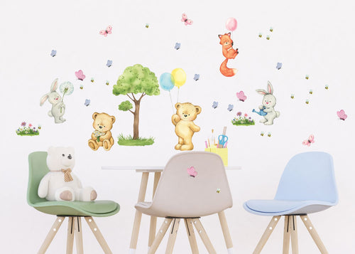 Sanders & Sanders muursticker bos met bosdieren multicolor - 65 x 42.5 cm - 601345