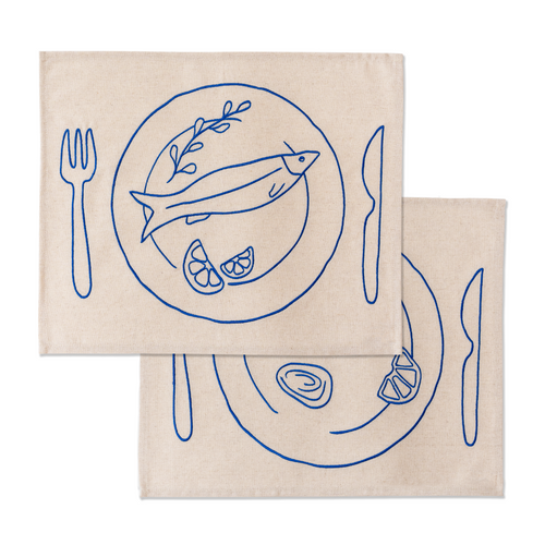 Kulu Club placemats - bord met vis/oesters - linnenmix - set van 2 - vtwonen shop