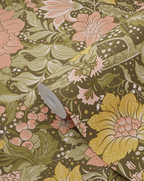 ESTAhome behang vintage bloemen vergrijsd olijfgroen, roze en okergeel - 50 x 900 cm - 131197