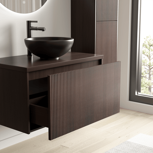 LOMAZOO badmeubelset Tropani - geribbeld - opbouw - met hoge kast & zwarte waskom - walnoot - 80 cm