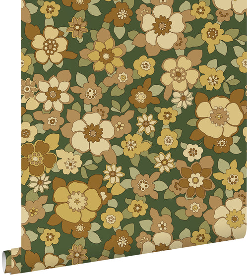 ESTAhome behang retro bloemen donkergroen en geel - 50 x 900 cm - 131528 - vtwonen shop