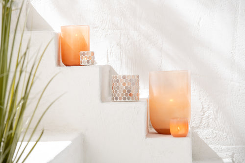 J-Line windlicht Mozaiek Cirkel - glas - wit/oranje - small - 2 stuks