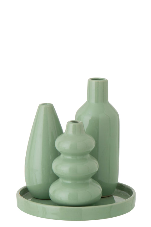 J-Line vaas + dienblad - porselein - grijsgroen - set van 3