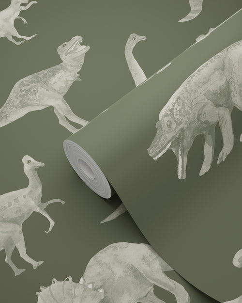 ESTAhome behang dinosaurussen olijfgroen - 50 x 900 cm - 131867