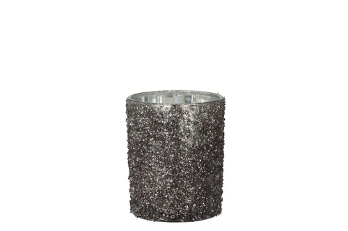 J-Line theelichthouder Glitter - glas - antraciet grijs - large