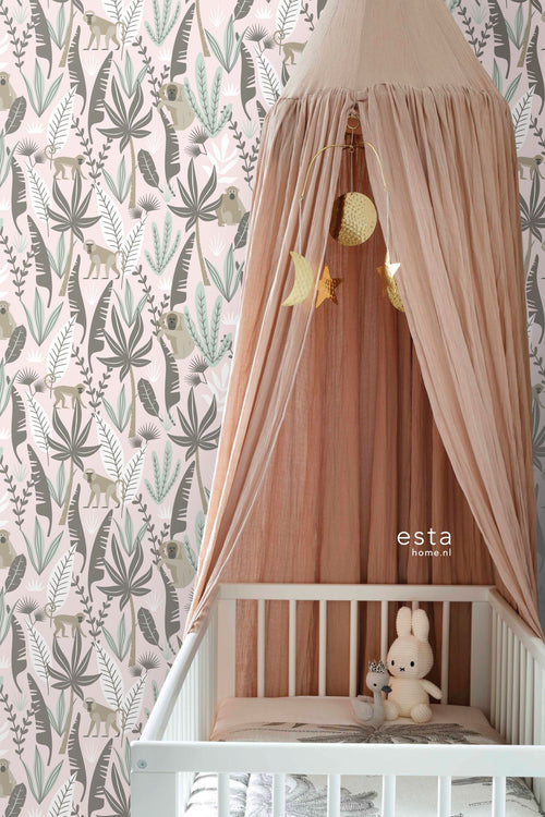 ESTAhome behang jungle apen zacht roze en mintgroen - 53 cm x 10.05 m - 139072