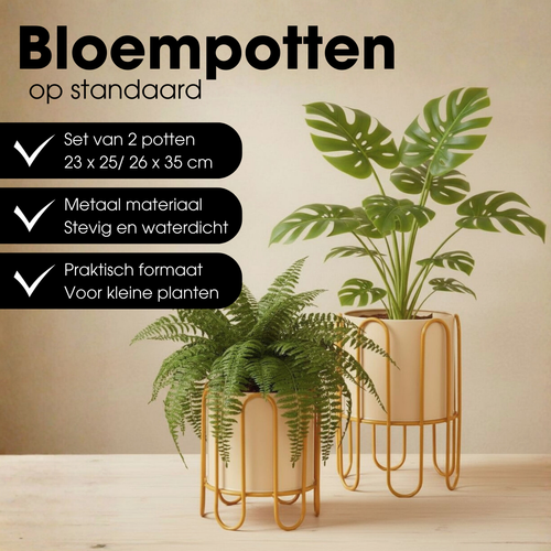 Mica Decorations Dione Bloempot op Standaard – Set van 2 – Plantenpot voor Bloemen en Kamerplanten – Bloempotten voor Binnen – IJzer – Bruin