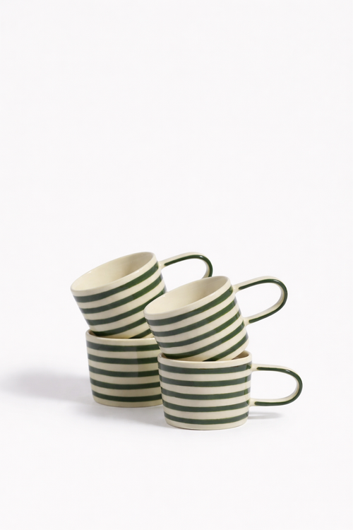 vtwonen - Mokken - Strepen - Groen - Keramiek - 350ml - Set van 4